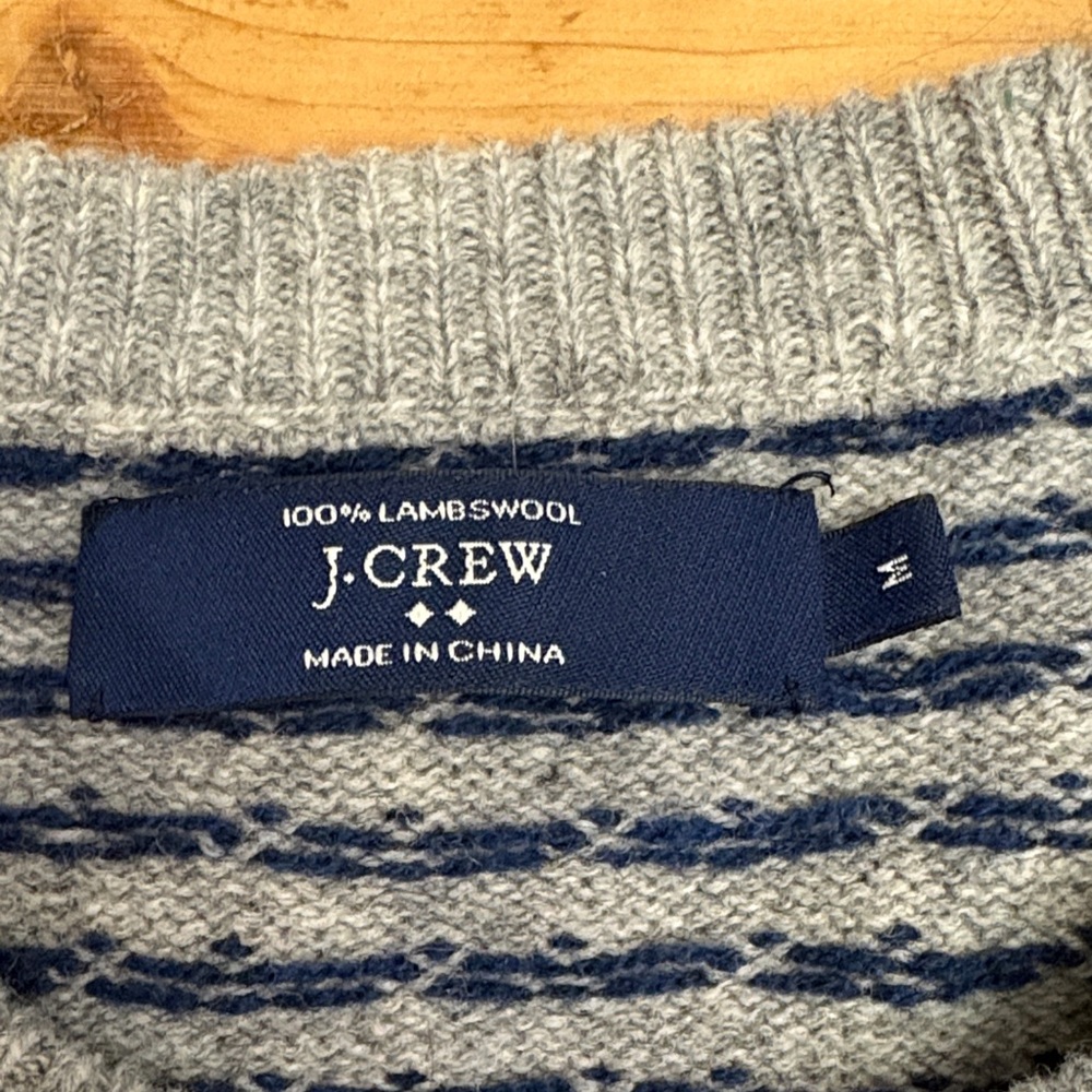 J. Crew Men's Gray and Navy Crewneck Sweater 100% Lambs Wool - Picture 2 of 8